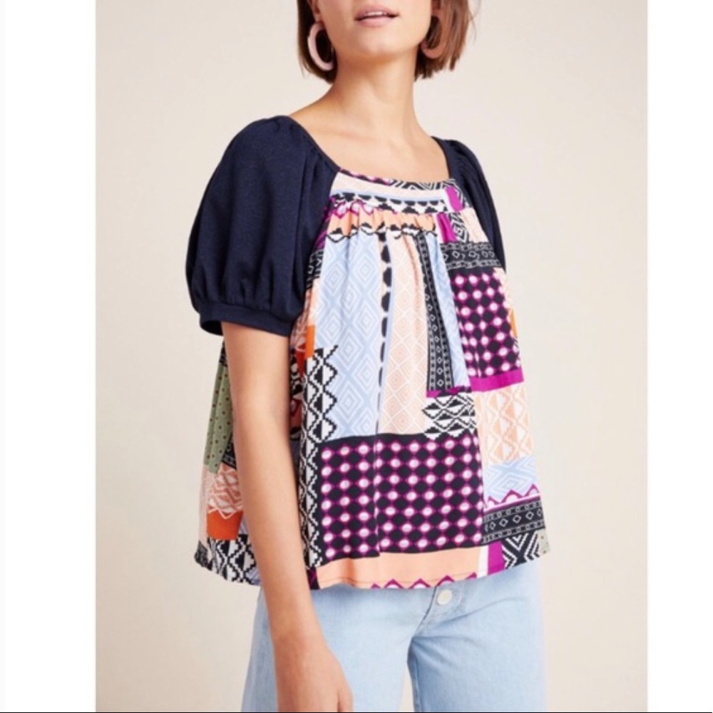 Maeve Catania Patchwork Printed Puff Sleeves Top - image 1